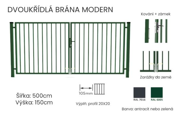 Brána dvoukřídlá MODERN - šířka 500cm